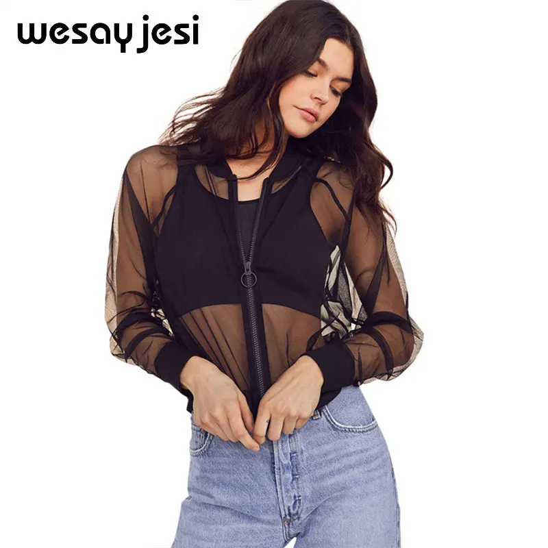 Sexy jacket Women Transparent Mesh Sheer Jackets 2018 Summer Thin black