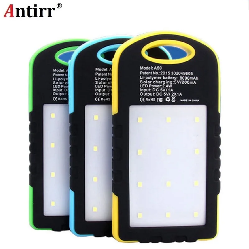 

5000mAh Portable Waterproof Solar Charger Dual USB External Battery Power Bank With Emergency LED torch shockproof free shipping