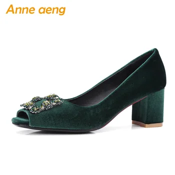 

Spring/Autumn Women Pumps High Heels Peep Toe Slip-On Metal Decoration Fashion Ladies Women Shoes Green Pumps Big Size 33-43