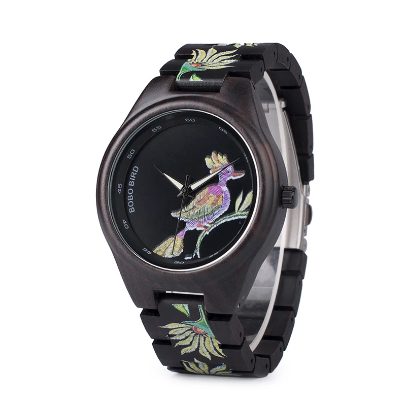 BOBO BIRD Fashionable Embroidery Series Mens Watch Broderie Dial All Ebony Wood Watches in Wooden Gift box