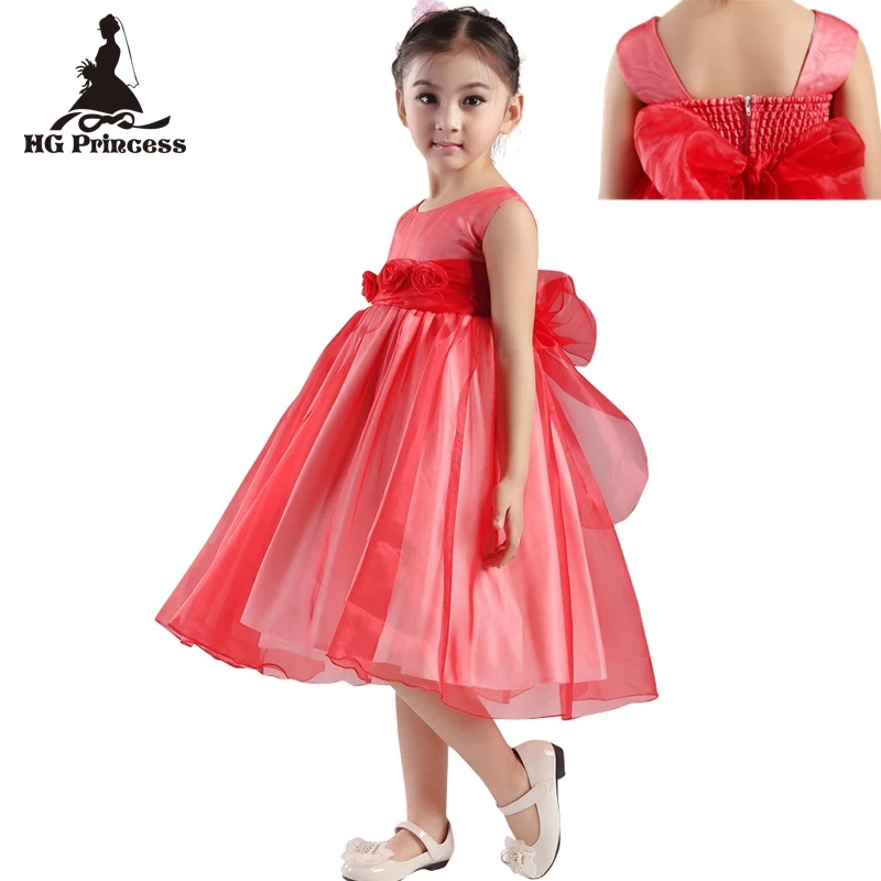 

Free Shipping Rose Organza Mid Calf Kids Evening Gowns Cheap Price Solid Formal Girl Dress Red Flower Girl Dresses For Weddings