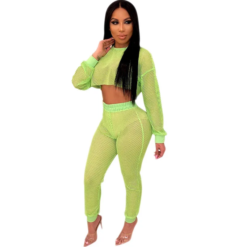 

Neon Green Mesh See Through Two Piece Set Women Hollow Out Long Sleeve Crop Top and Pants with Briefs Sexy Club Matching Outfits