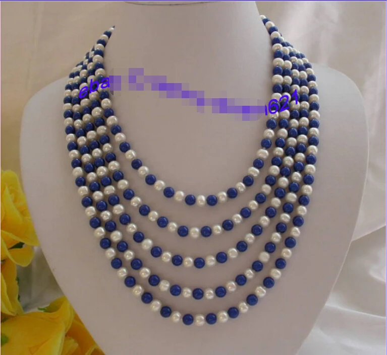

FREE shipping> Amazing 100"round white freshwater pearls &lapis lazuli Necklace D607 6.07