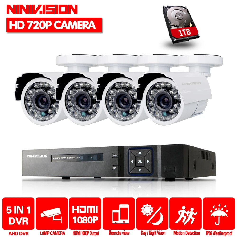 NINIVISION CCTV Системы 4 канала 1080n 4CH CCTV уличная Системы 4CH 720P видеонаблюдения AHD Камера Безопасности Проводная цилиндрическая камера 1 ТБ