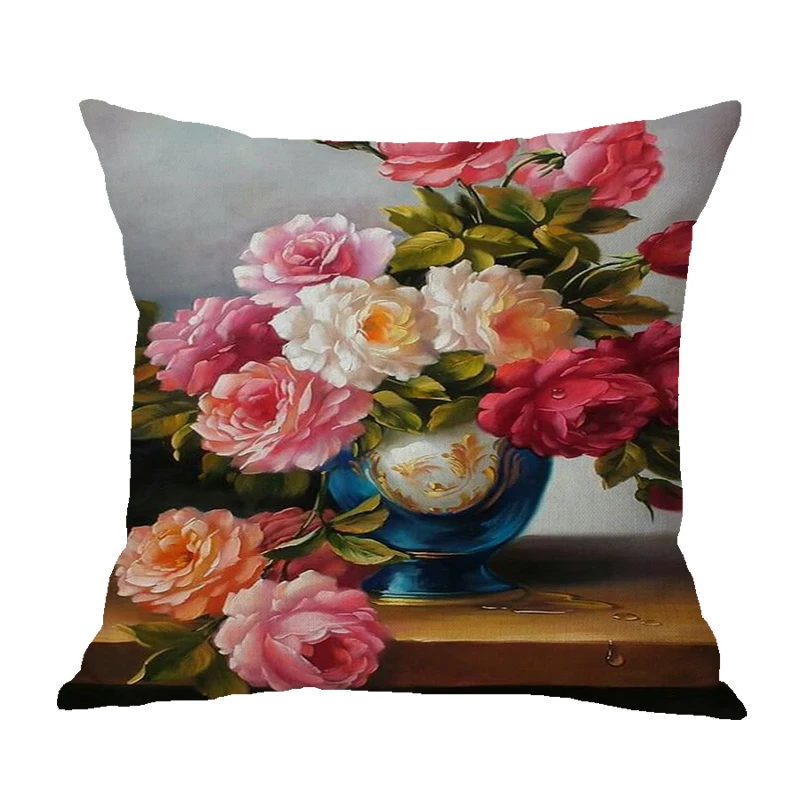 Vintage Style Oil Painting Flowers Cushion Covers European Retro Flowers Art Cushion Cover Beige Linen Pillow Case Free Shipping