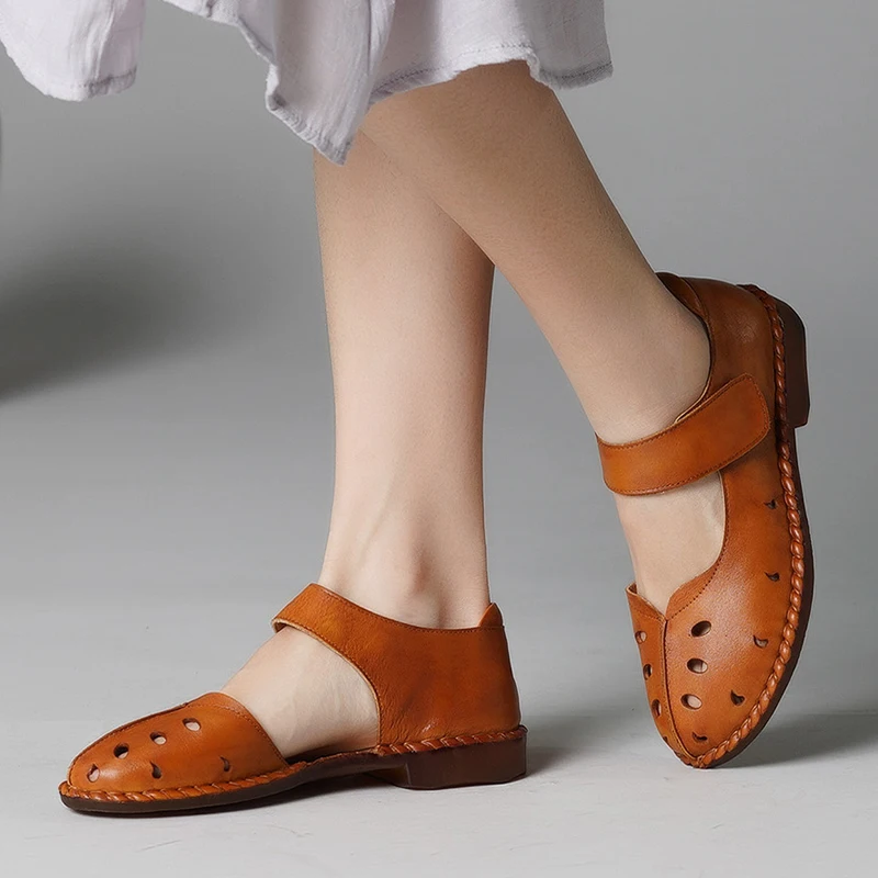 

JELLYFOND Soft Genuine Leather Flat Sandals Casual Summer Shoes Woman Soft Comfort Sandalias Mujer 2019 Hollow Out Shoes Woman