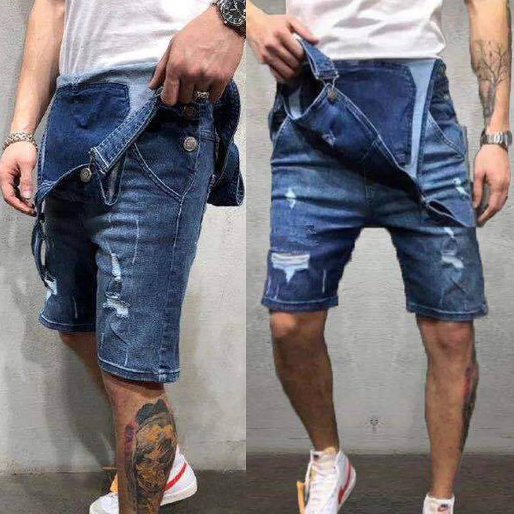 Men Pencil Pants Ripped Bib Jumpsuit Suspender Overalls Male Solid Summer Pants Overall