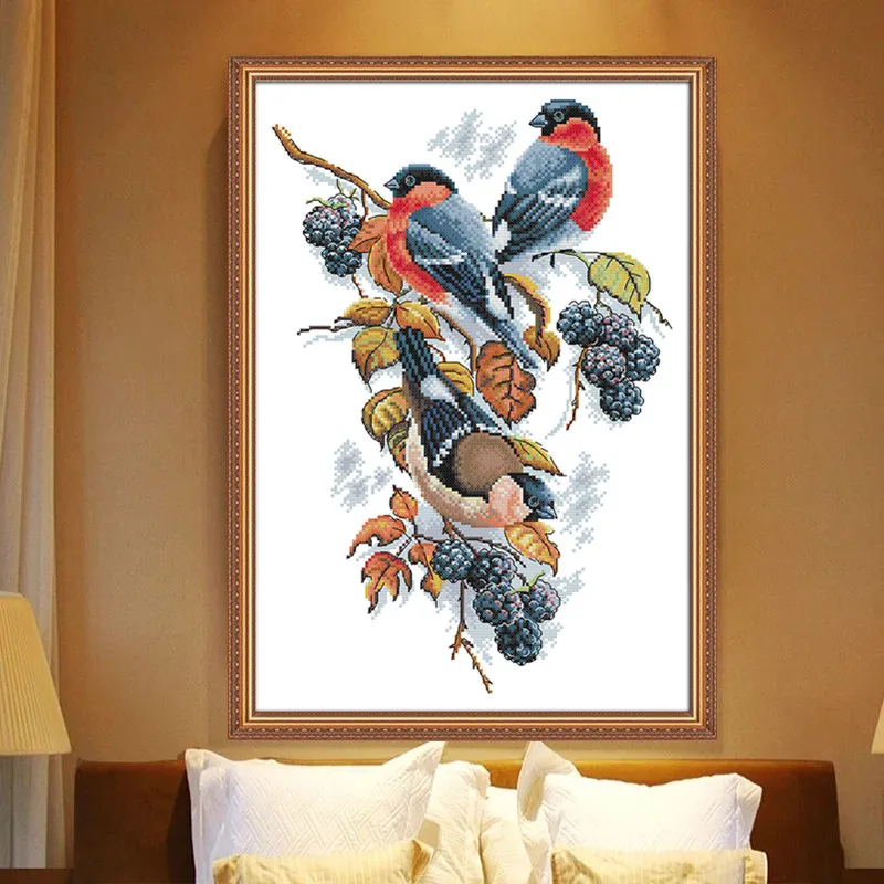 

Bird and blackberry Cross Stitch Kits Magpies Printed pattern Chinese Embroidery Needlework set Cross-stitch Small Home painting