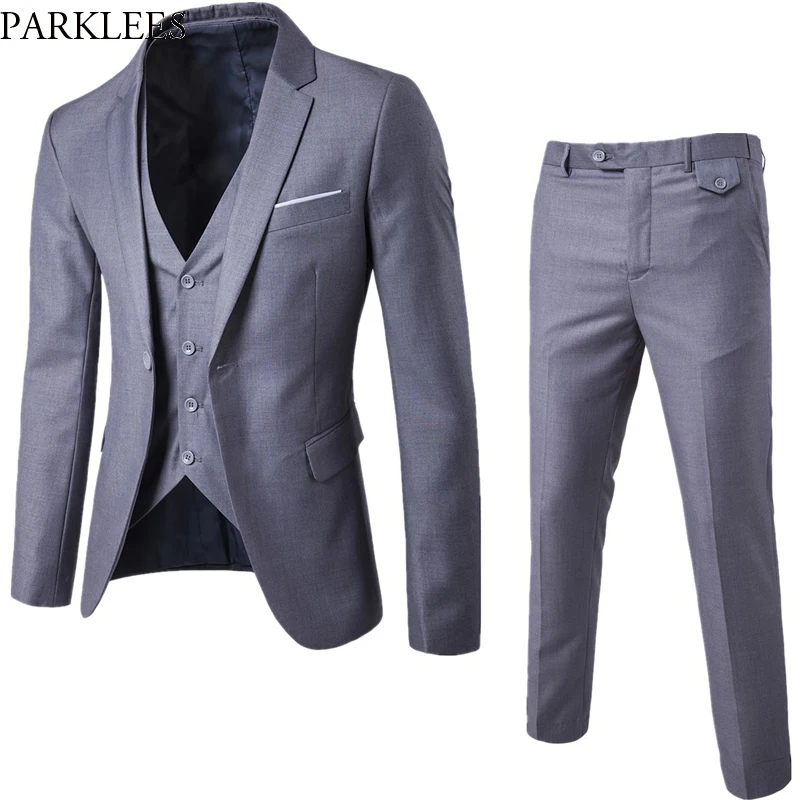 

Gray Men Slim FIt One Button 3-Piece Suits Blazer With Pants 2019 New Business Wedding Party Jacket Vest & Pants Costume Homme