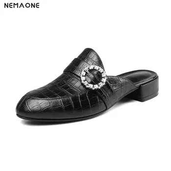 

Nemaone Brand Designer Women Genuine Leather Shoes Woman Rhinestone Sandals Slippers Casual low Heeled Flip Flops Sandals