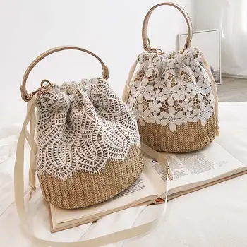 

Women's Lace Drawstring Straw Tote Pouch Crossbody Shoulder Bucket Bag Crossbody Summer Travel Bags