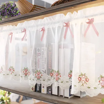 

Europe style Lace Half-curtain White Embroidered Hem Tulle Curtain Pink Bow Decoration Short Curtain for Kitchen Cabinet Door