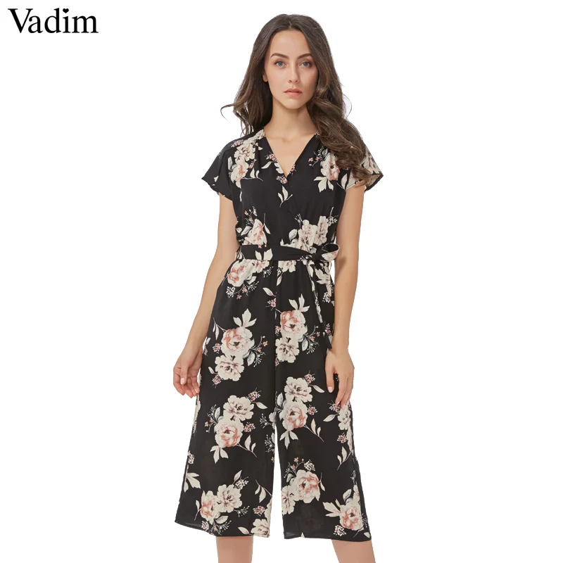 

Vadim women vintage V neck floral jumpsuits wide leg pants sashes pleated elastic waist rompers summer casual playsuits KZ926