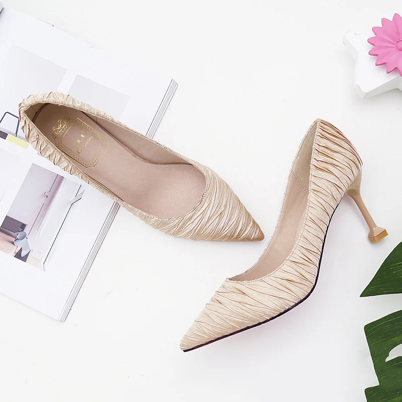 

New women shoes 2018 summer female high heels wrinkled satin three colors women single shoes korean version shoes high heel