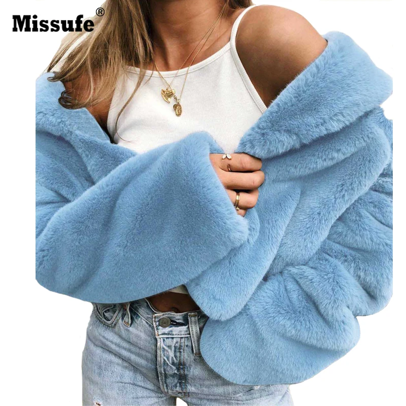 Goedkoop Missufe Turn Down Kraag Faux Fur Vrouwelijke Jas Open Stitch Pluche Winterjas Womens Herfst Streetwear Jassen en Jassen Vrouwen