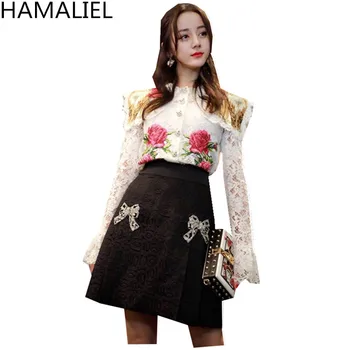 

HAMALIEL Runway Luxury Autumn Women 2 Piece Set 2019 White Floral Embroidery Hollow Out Lace Blouse + Black Diamonds Skirt Suits