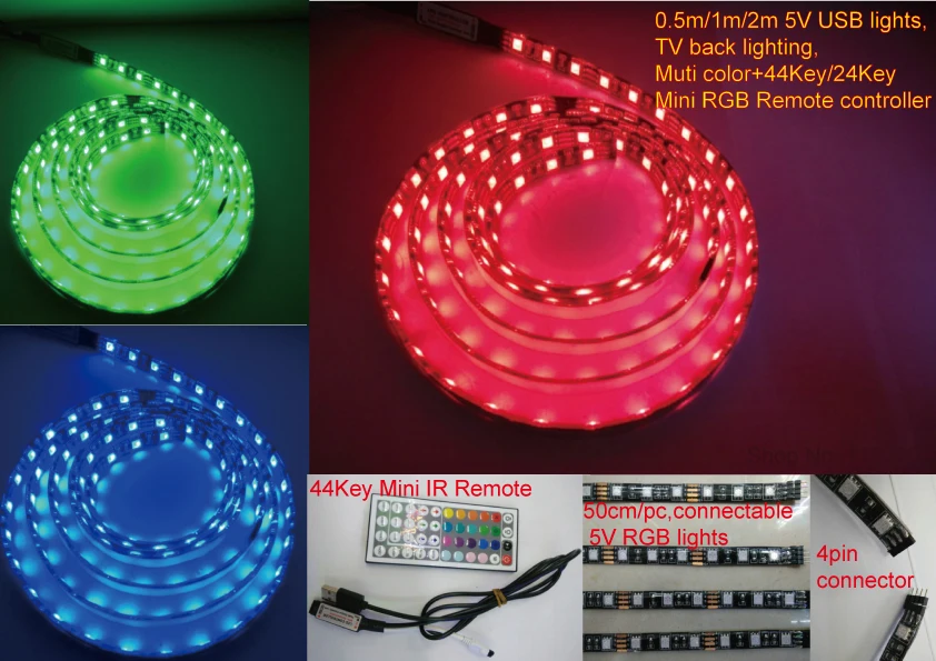 

Black pcb 0.5m/1m/2m/pc 5V USB LED strip 5050 Flexible RGB Color Changing LED light,16 color IP65+44key mini rgb IR controller