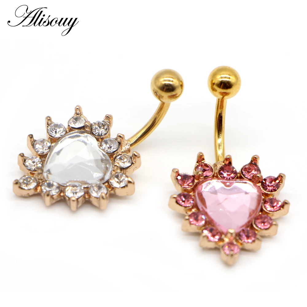 

Alisouy 1PC New Sexy Body Jewelry Heart Shaped Piercing Navel Belly Ring CZ Color Pink White belly piercing nombril navel