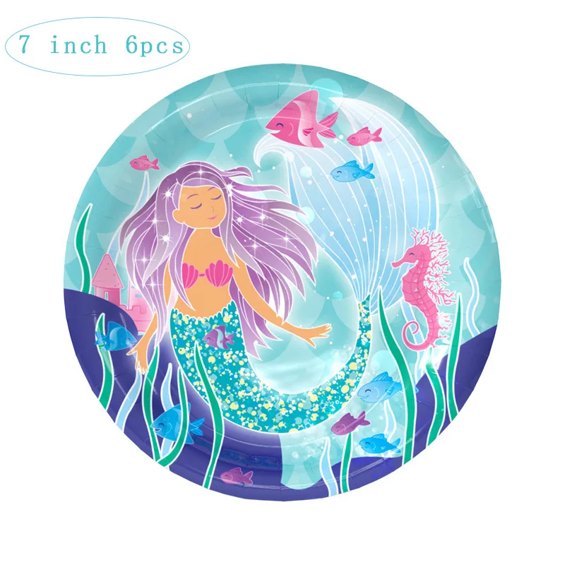 7 inch plate 6pcs Русалочка, принадлежности для дня рождения, одноразовая посуда, салфетка под тарелку кружку, воздушные шары, Топпер для кекса, украшение для детского душа - Цвет: 7 inch plate 6pcs