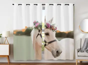 

Blackout Curtains Darkening 2 Panels Grommet Window Curtain for Bedroom White Horse With Flower