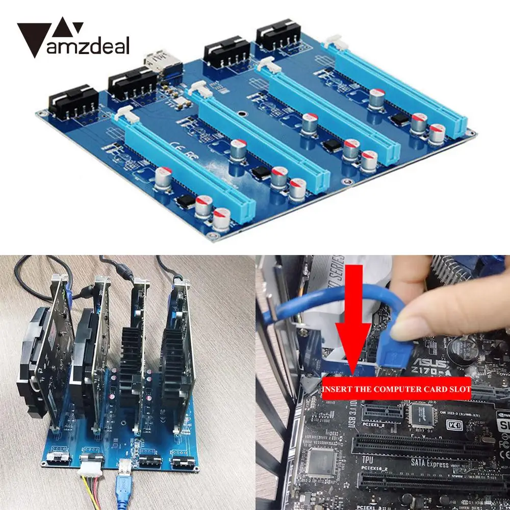 

amzdeal PCI-E 1X To 4 PCI-E 16X BTC LTC ETH Computer Riser Card 1 To 4 bitcoin mining PCI Express Expansion Card Adapter Card