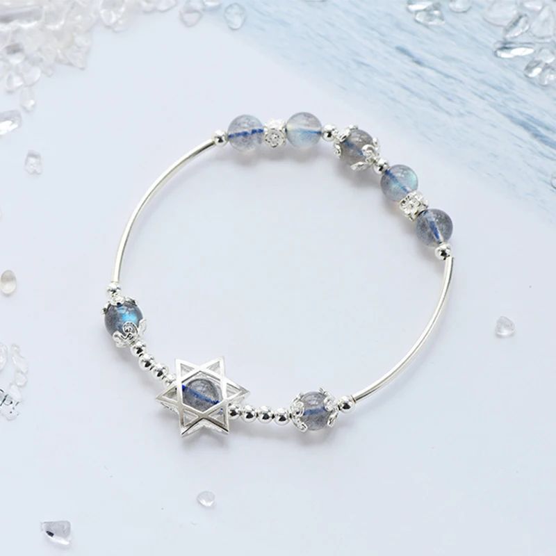 

Lucky Charm Hexagram Women Labradorite Blue Light Moonstone Amulet Female Bracelets 925 Silver Bracelet Femme tangchao
