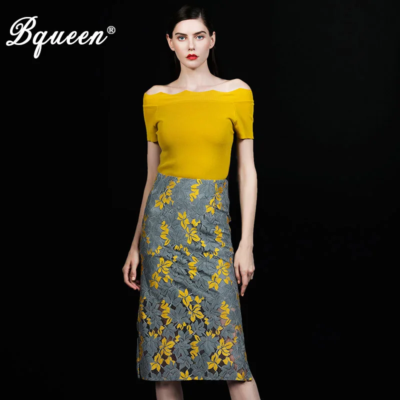 

Bqueen Casual Elegance Set Short Regular Sexy Slash Neck Knee-Length Skirt 2019 Fashion Floral Print Set For Lady New Hot
