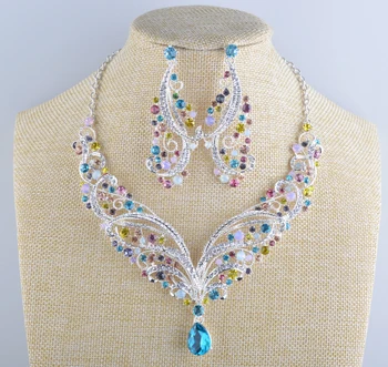 

India style Crystal bridal necklace earrings sets Spring mult color Evening Party jewelry set For women statement necklace