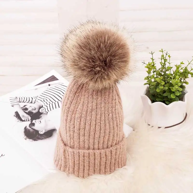 Wool Beanies Women Real Natural Fur Pom Poms Knitted Hat Girls Female