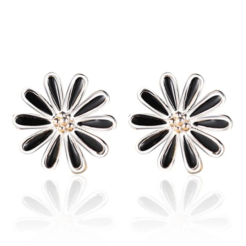 

100% 925 sterling silver 2018 new arrival black sunflower ladies`stud earrings jewelry Anti allergy women female gift cheap