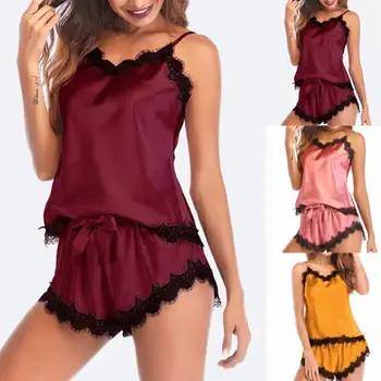 

Pajamas For Women Sleepwear Sexy Satin Faux Silk Two Piece Set Deep V-Neck Eyelash Floral Lace Tank Top Drawstring