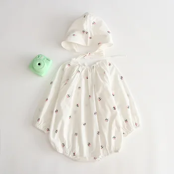 

High quality 2019 Korean version of the autumn baby girl baby small flowers with hat onesies cotton long-sleeved romper clothes