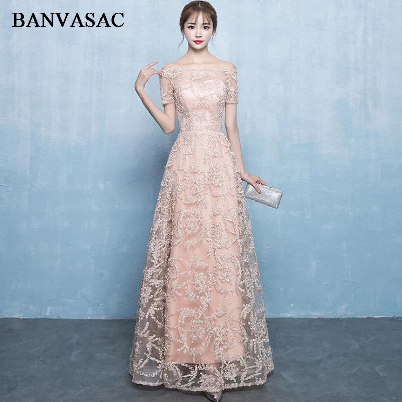

BANVASAC 2018 Elegant Boat Neck Short Sleeve A Line Long Evening Dresses Party Lace Appliques Backless Prom Gowns