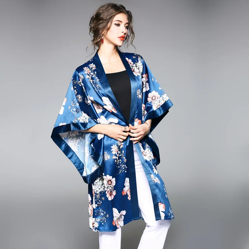 2018 Summer Batwing Sleeve Floral Print Satin Kimonos Women Plus Size 