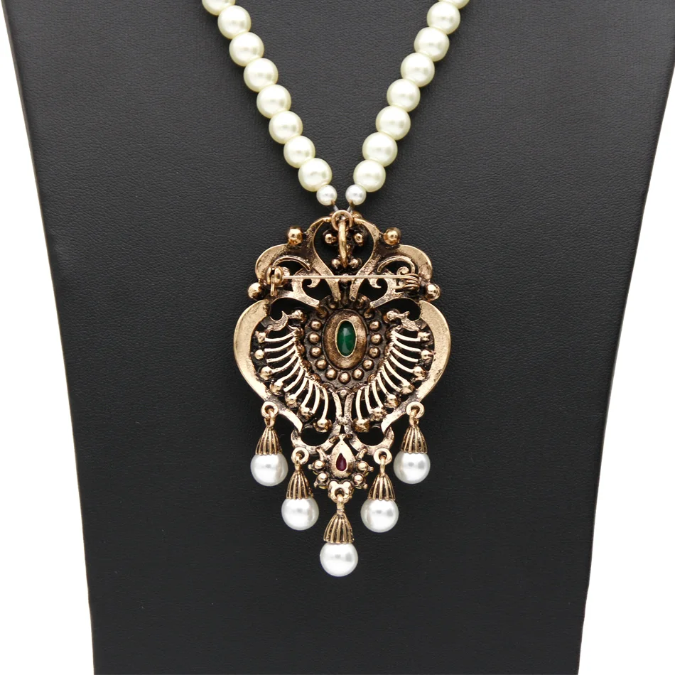 Vintage Flower Strand Bead Pendant Necklace Set Women Antique Simulated-pearl Chain Turkish Bridal Indian Wedding Resin Jewelry - Image 2
