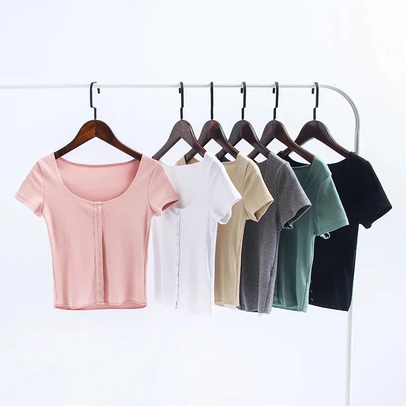 

Single-breasted thread short-sleeved T-shirt spring summer the new women's low-necked cardigan Slim AA short paragraph
