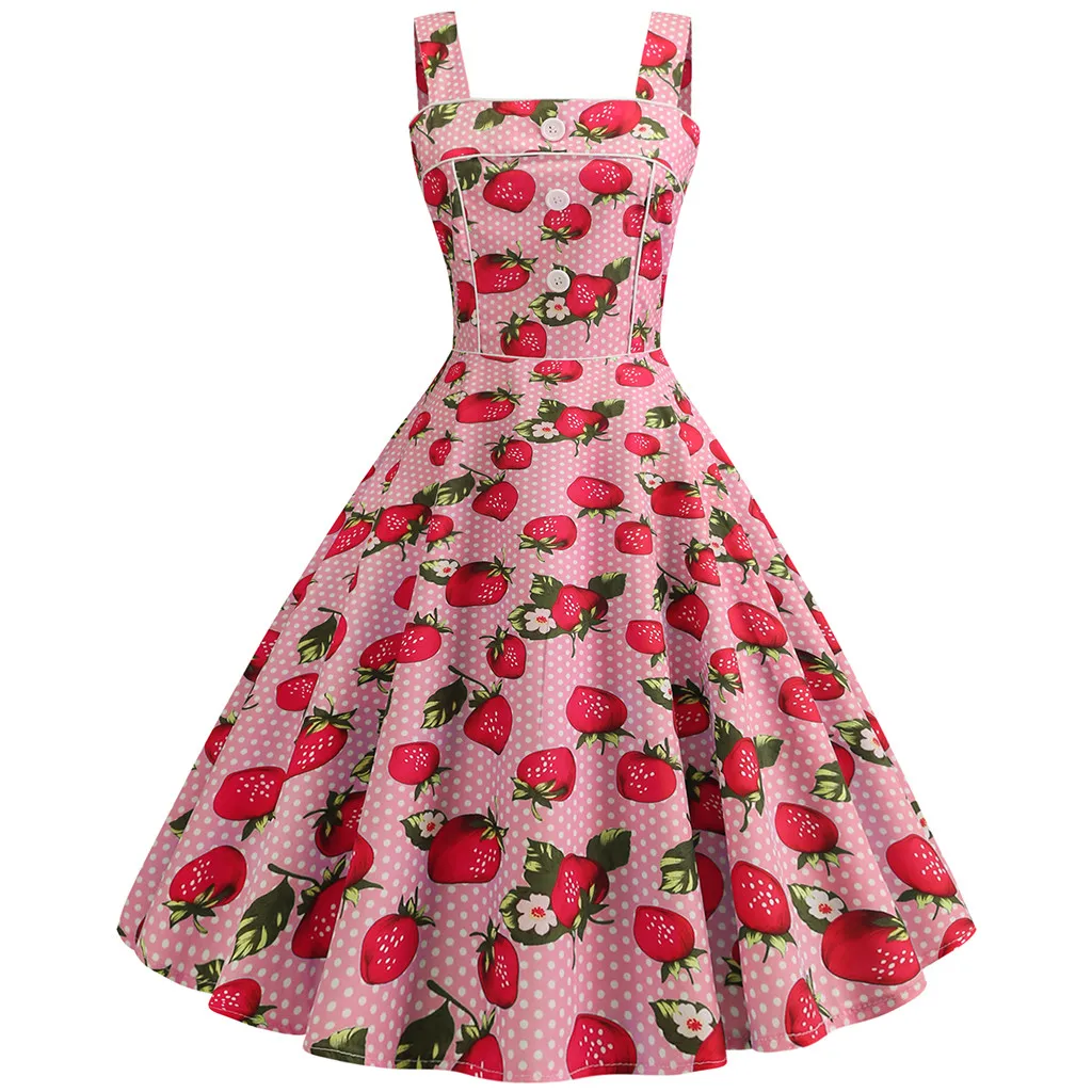 

JAYCOSIN Women Vintage Dress Elegant Women's Sleeveless Pleated Sling Cherry Strawberry Print Waist Slash Neck Dresses Vestidos
