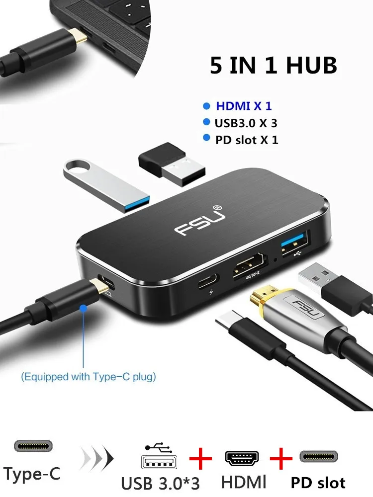 Док-станция концентратор USB 3,0 type C 3. 1 концентратор Thunderbolt 3 до 4K 60Hz HDMI адаптер tipo c порт доставки питания PD 100W сплиттер