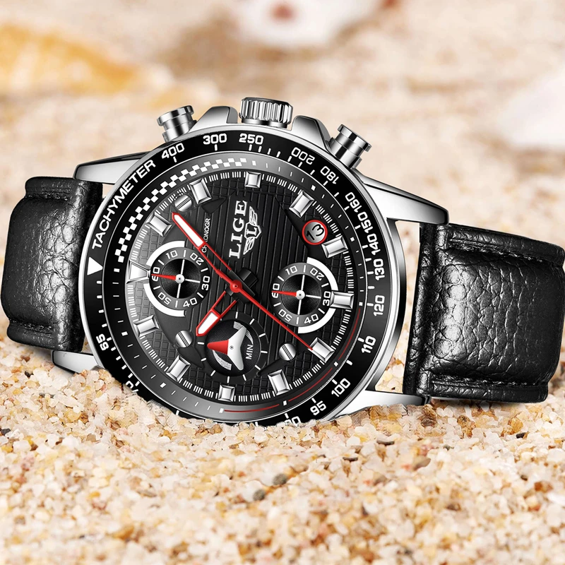 LIGE Brand Men Leather Strap Military Watches Men's Chronograph Waterproof Sport Date Quartz Wristwatch Gifts relogio masculino