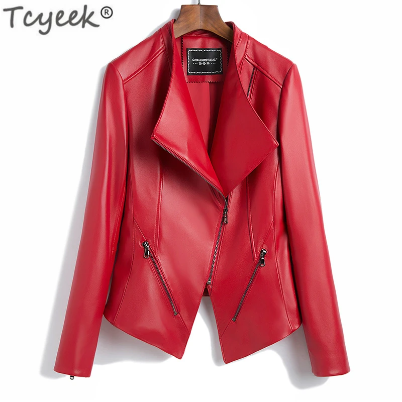 Tcyeek куртка из натуральной телячьей кожи Женские короткие обтягивающие Куртки