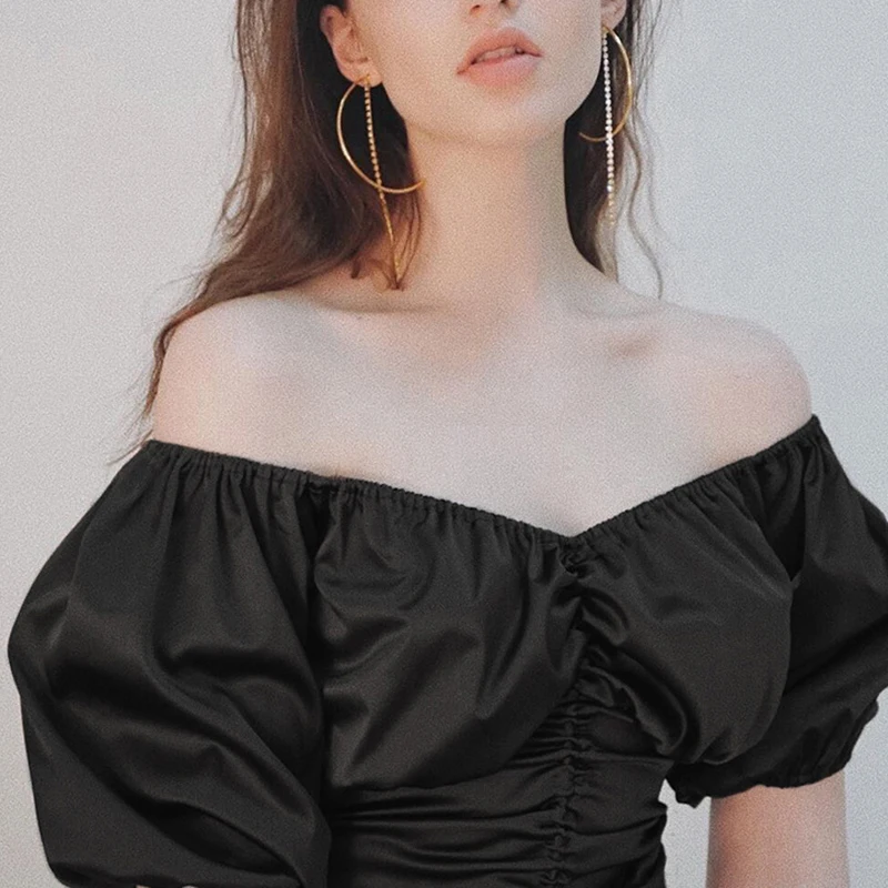 

2019 New Sash Neck Bandage Women Tops and Blouses Short Sleeve Elegant Ladies Crop Top Plus Size Sexy Strapless Shirts Black XL
