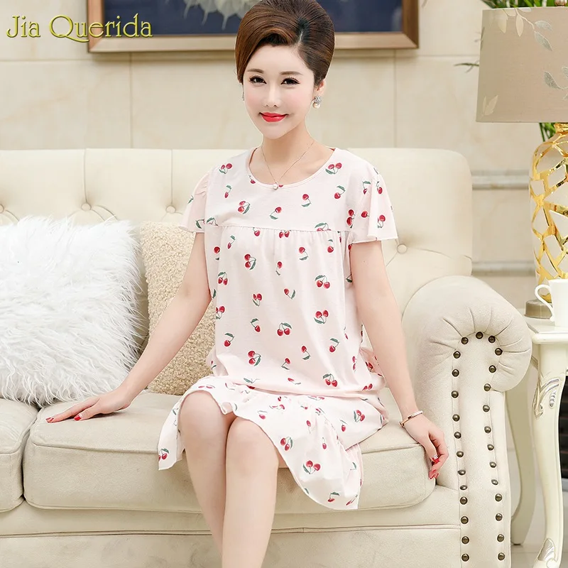 

Women White Lovely Cherry Printing Cotton Nighty Short Sleeves Ruffle Skirt Hem Elegant Big Night Dress Lingerie Sleepwear Gowns