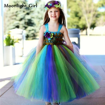

New Handmade Princess Girls Peacock Dress Peacock Costume Formal Ball Gown Wedding Dress Feather Flowers Girl Tutu Dress PQ077