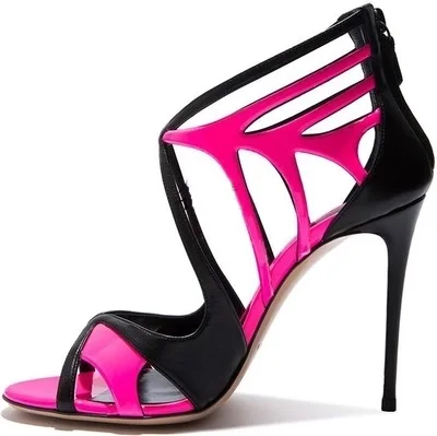 

Newest Style Women Pink Black Patchwork Hollow Out Sandals Summer Back Zipper Peep Toe High Thin Heel Gladiator Shoes Patry