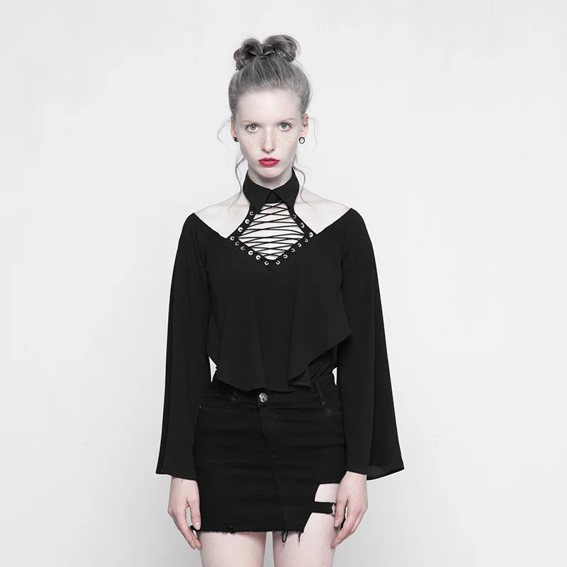Maniche Neck E Il Lunghe Irregolare Chiffon Allacciatura Delle Estate Gotico Rave Lungo Allentato T Halter Camicette Nero A Sexy Magliette Punk Camicia shirt Donne xzfwYqCna
