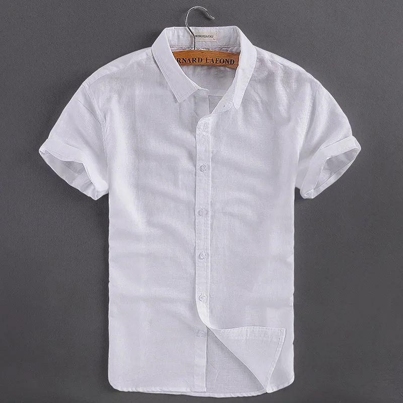 

men's turn down collar short sleeves linen cotton shirt casual summer shirt men white pink khaki sky blue dress shirts male