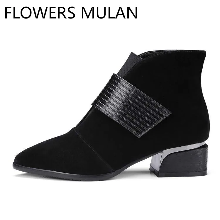 

Patchwork Black Suede Leather Buckle Ankle Boots For Women Chic Pointed Toe Chunky Heel Chelsea Boots Shoes Woman Slip On Botas