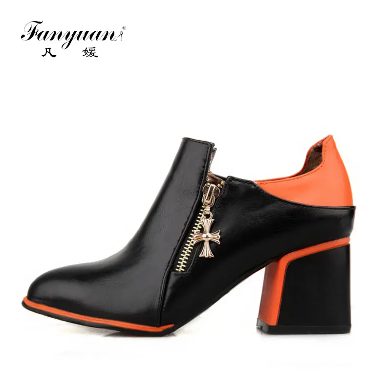 

Fanyuan 2017 Women Thick Heel Pumps PU Leather Spring Autumn Ankle Boots Mixed Color Pointed Toe Heels Shoes Plus Size 31-43