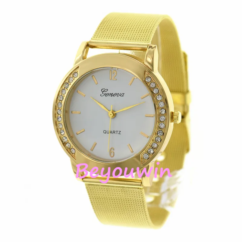 mesh gold white 100 шт./лот модных Женевских Двусторонняя кристаллическая Сетка часы с запахом повседневные кварц geneva часы оптом элегантность часы - Цвет: mesh gold white