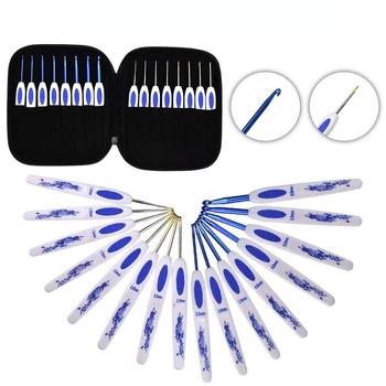

16PCS Knitting Needles Hooks Kit-Aluminum Smooth Crochet Plastic Blue-and-White Porcelain Anti-slip Ergonomic Grip Handles DIY